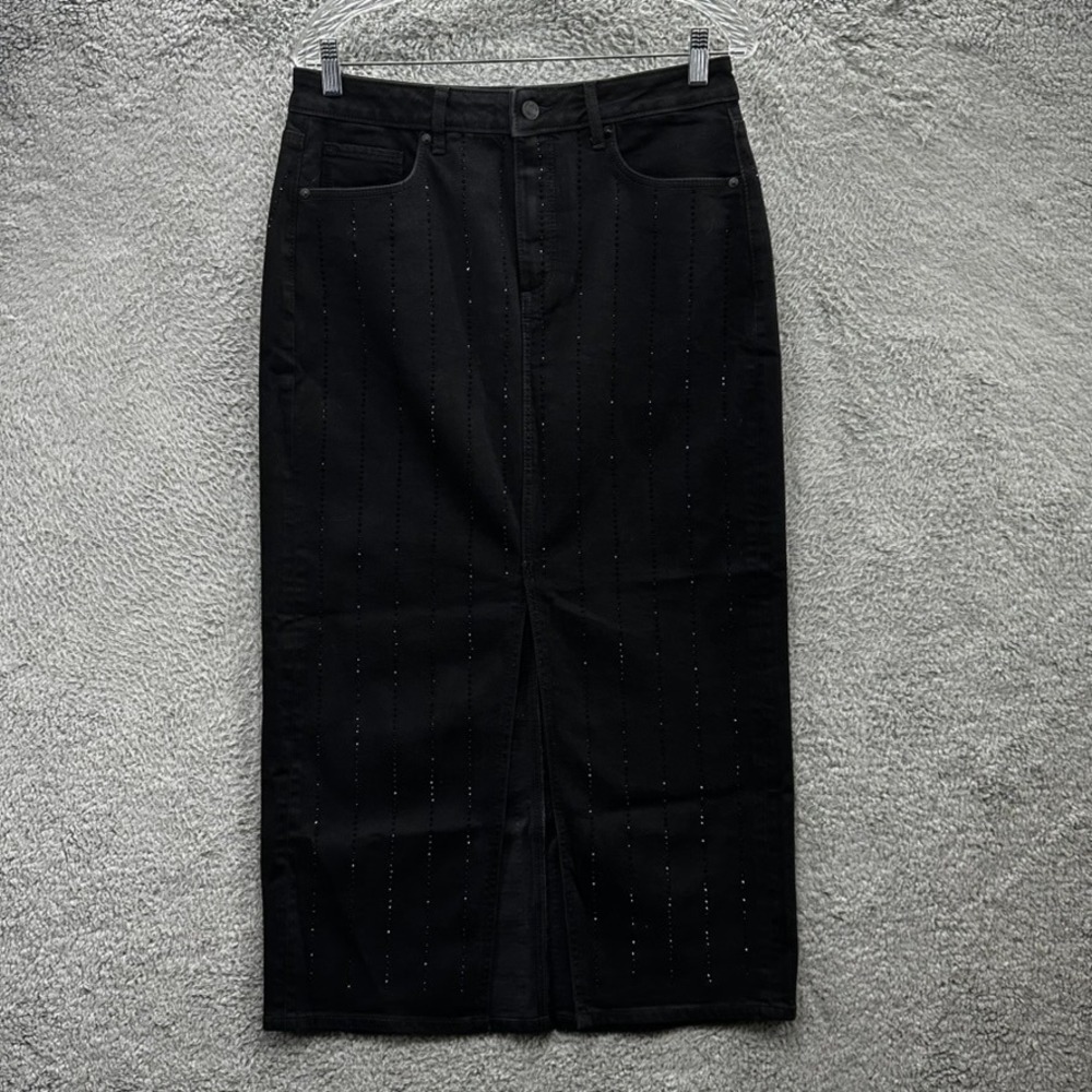 NWT Loft Sz 6 Black Denim Rhinestone Pinstripe Midi Skirt Front Slit Five Pocket